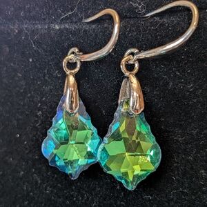 Sterling Aurora Borealis Crystal Drop Earrings Green Pierced